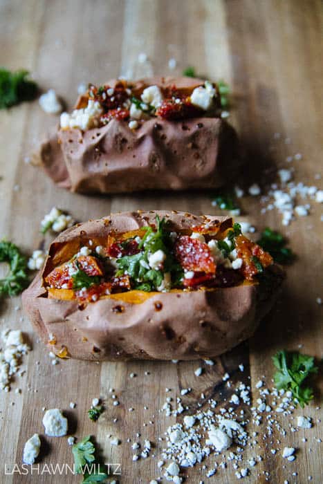 Looking for a grown up version of the baked sweet potato? I made this savory baked sweet potato stuffed with feta and sundried tomatoes.