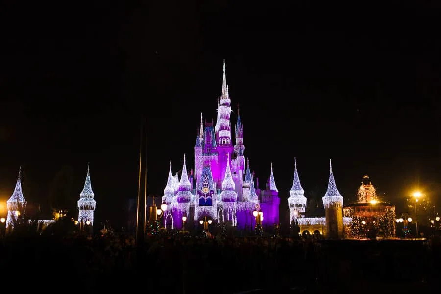 Disney castle at night.