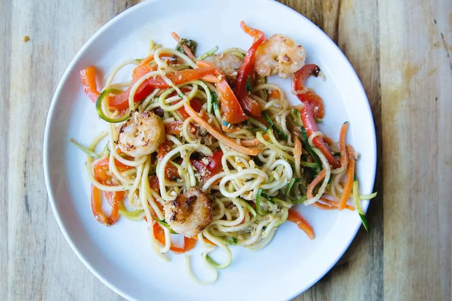 Healthy zucchini noodles and shrimp stir fry! made using zucchini cut with a spiralizer! So good! 