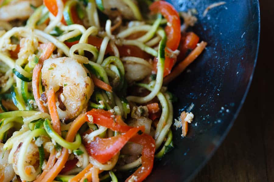 Healthy zucchini noodles and shrimp stir fry! made using zucchini cut with a spiralizer! So good! 