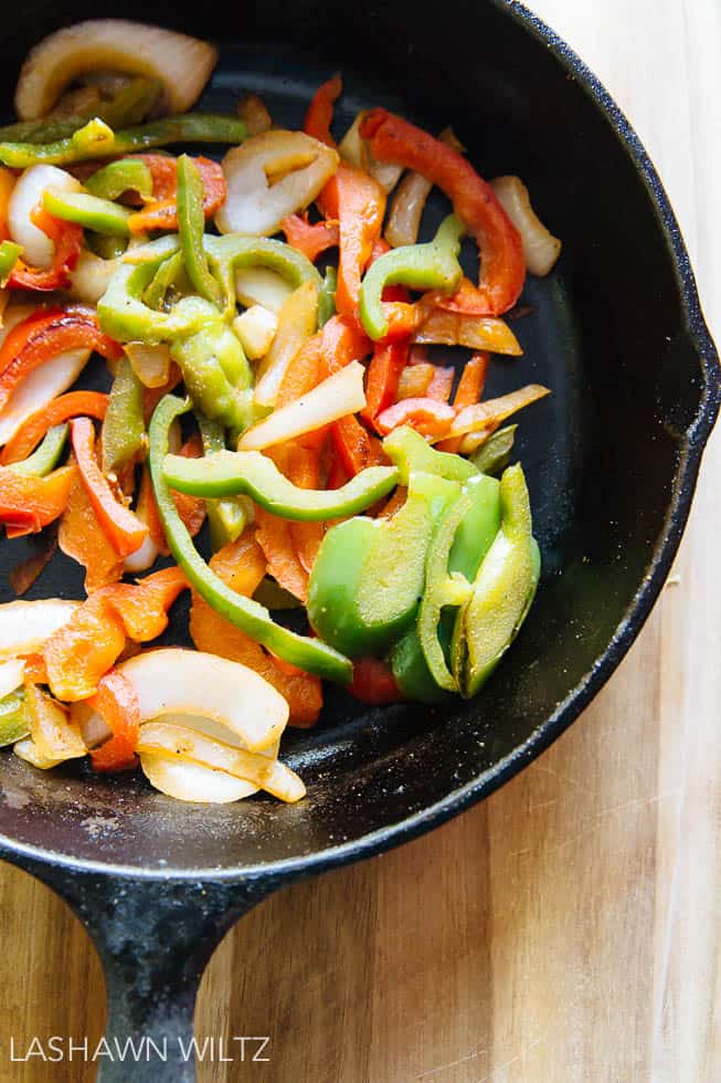 The recipe is so colorful for my vegan tacos! It has all sorts of peppers and onions and portabella mushrooms! 