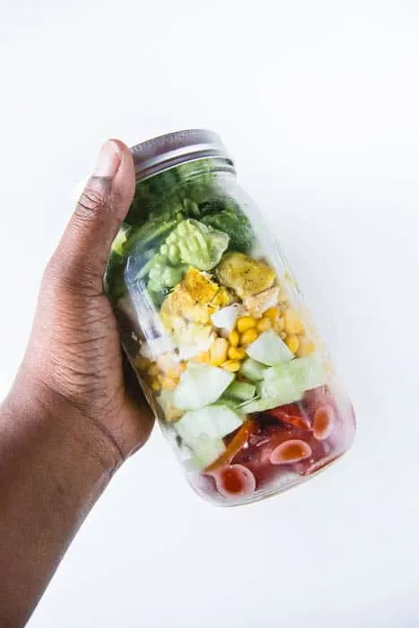 Basic grilled chicken salad in a jar is perfect for lunch! 