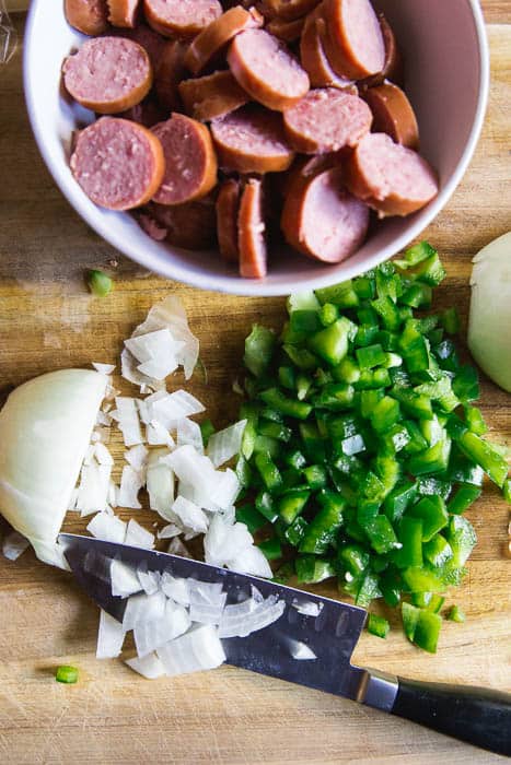 chop up onions and peppers