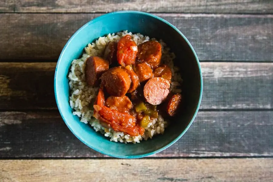 Easy skillet sausage and peppers over Success rice..perfect for a weeknight meal