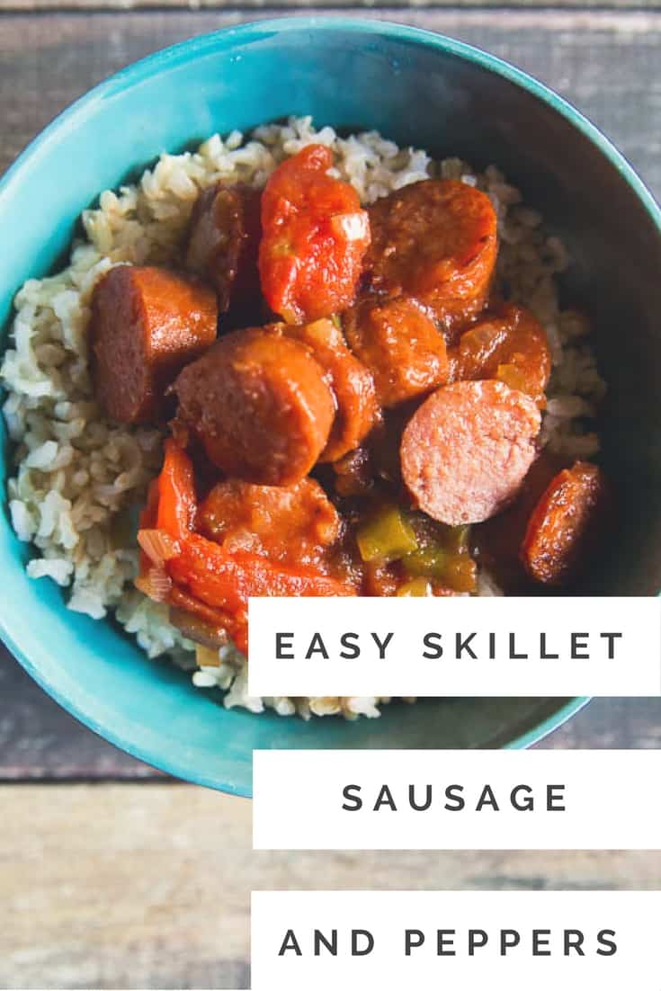 Looking for something easy and delicious to cook on a school night? Check out this easy skillet sausage and peppers recipe over rice #weeknightmeals #sausageandrice #recipes