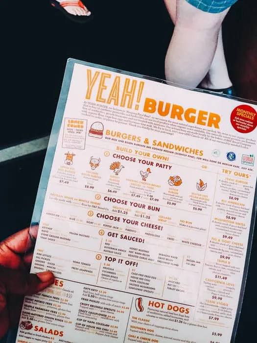 The menu at yeah Burger has so much variety, from veggies to burgers to hotdogs! And lots of gluten free options at yeah burger