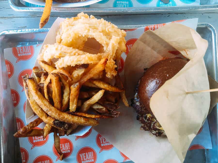 Gluten free options at Yeah Burger: Burger and fries and gluten free onion rings