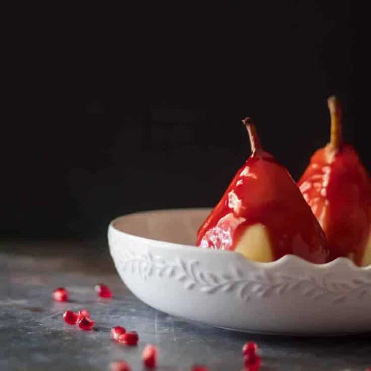Image for Spiced Tequila Poached Pears with Orange Pomegranate Sauce