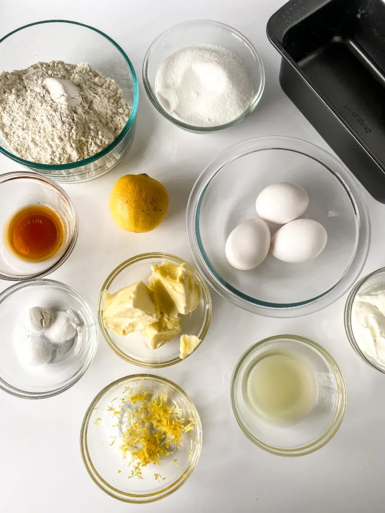 ingredients on a counter to make the lemon loaf