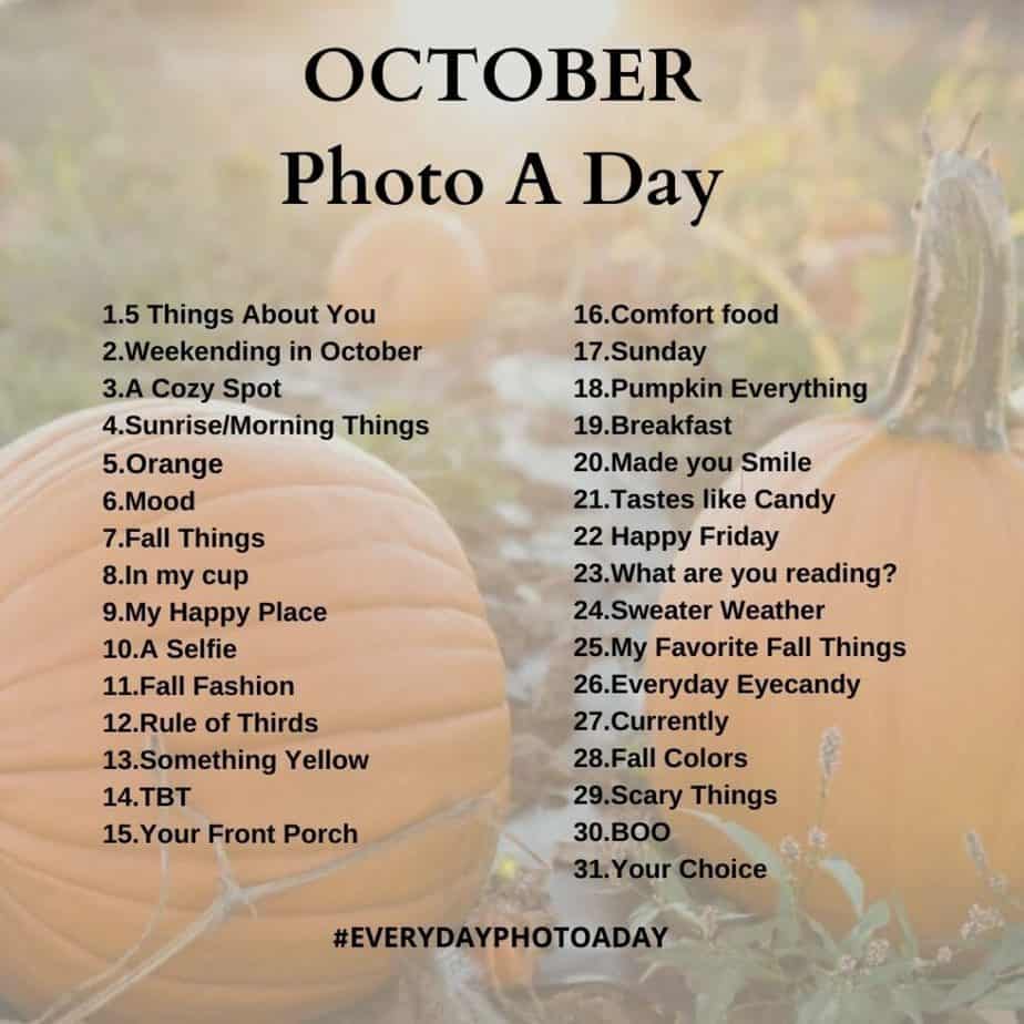 october photo a day graphic for 2021 fall photo prompts 