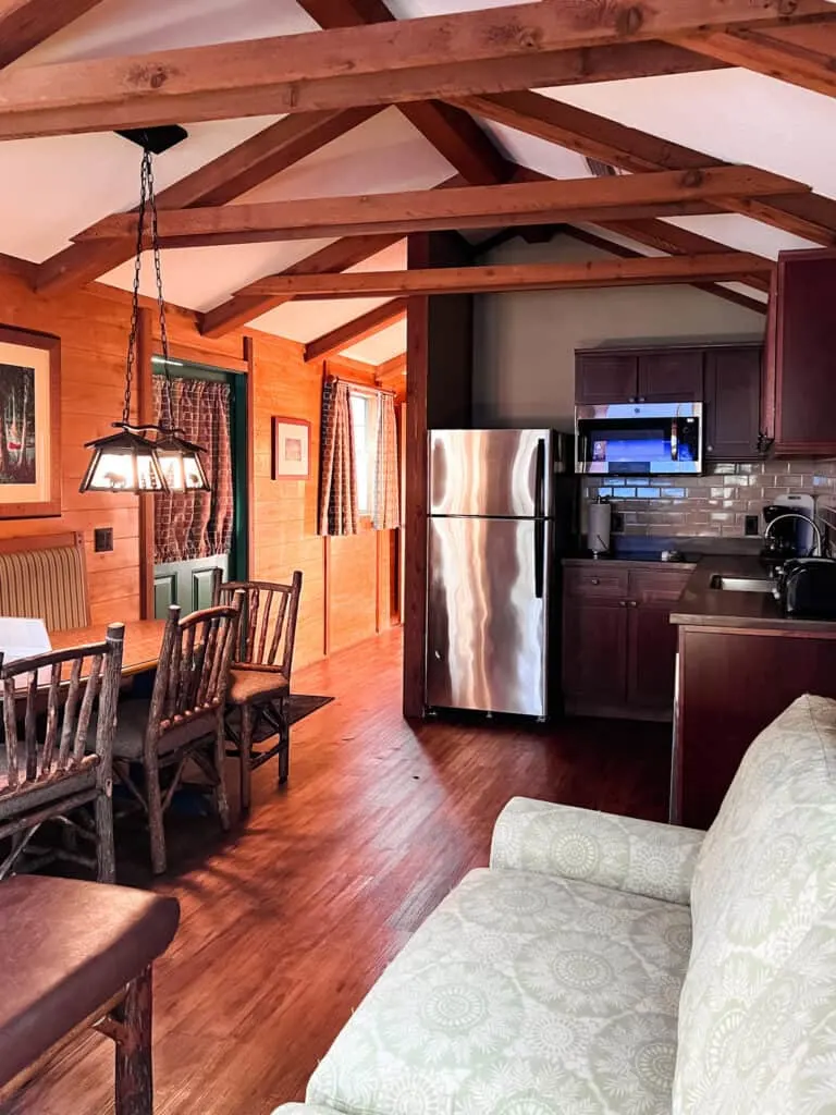 full kitchen in wilderness lodge cabin. 