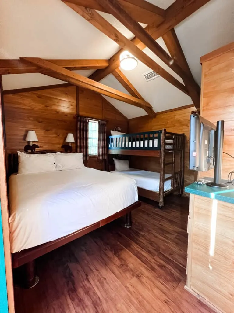 bedroom of wilderness lodge cabin. 
