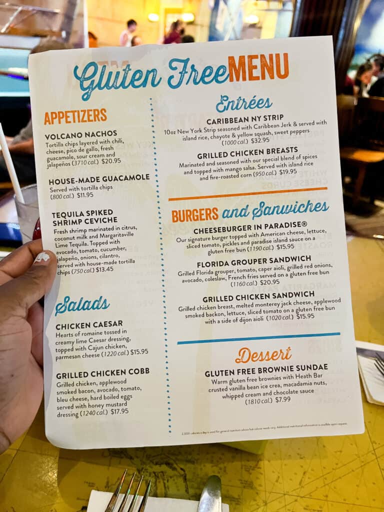 Gluten Free at Universal Orlando: gluten free menu at Margaritaville Universal city walk 