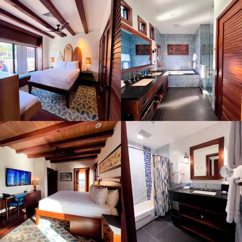 the bedrooms and the bathrooms in the Overwater Bungalows at Disney's Polynesian village resort