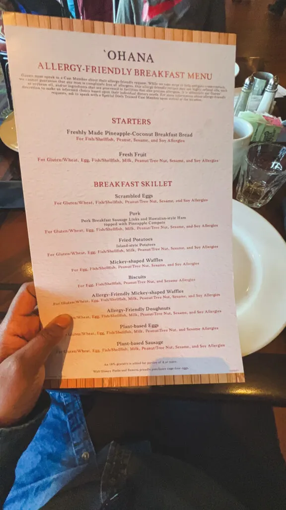 Gluten Free Character Breakfast at Ohana menu