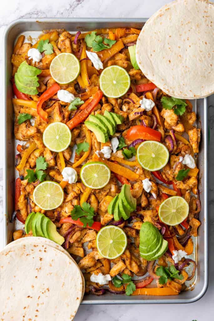 sheet pan chicken fajitas with warm gluten free tortillas 